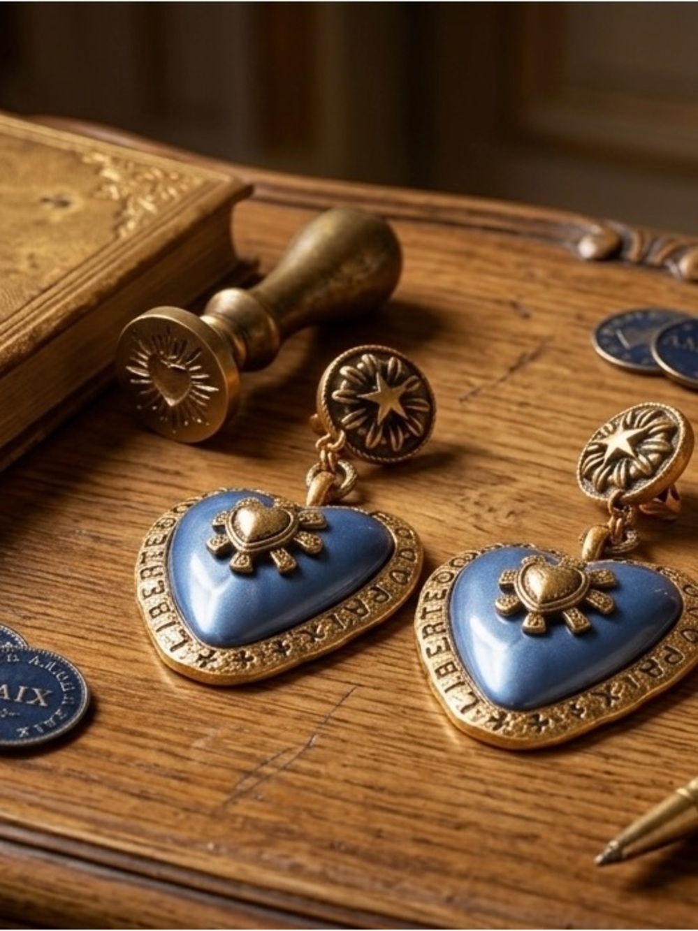 (Modern) Vintage French Inspired Gold-Tone Heart Drop Earrings Heart Motif - Picture 2 of 4